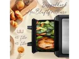 Fritadeira de Ar 9l, Câmara Dupla, 2200w, Janela de Visualização, Display Led, Cestos Reguláveis Independentes para Cozimento Versátil Doméstico.