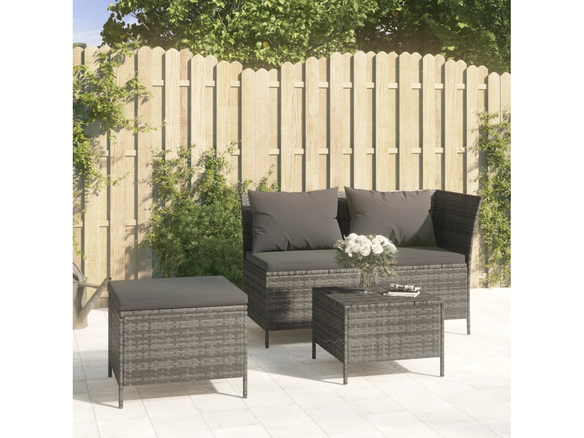 Conjunto 3 Peças Lounge De Jardim C/ Almofadões Vime Pe Cinzento Dkd Home Decor