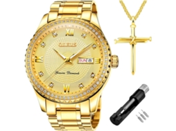 Lurelia Relógio Masculino, Movimento De Quartzo, Luminoso, Detalhes Com Strass, Aço Inoxidável, Dourado