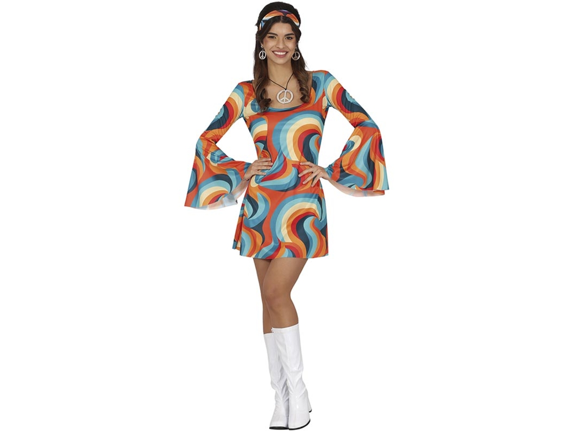 Fato multicolor cheio de curvas dos anos 70 para mulher