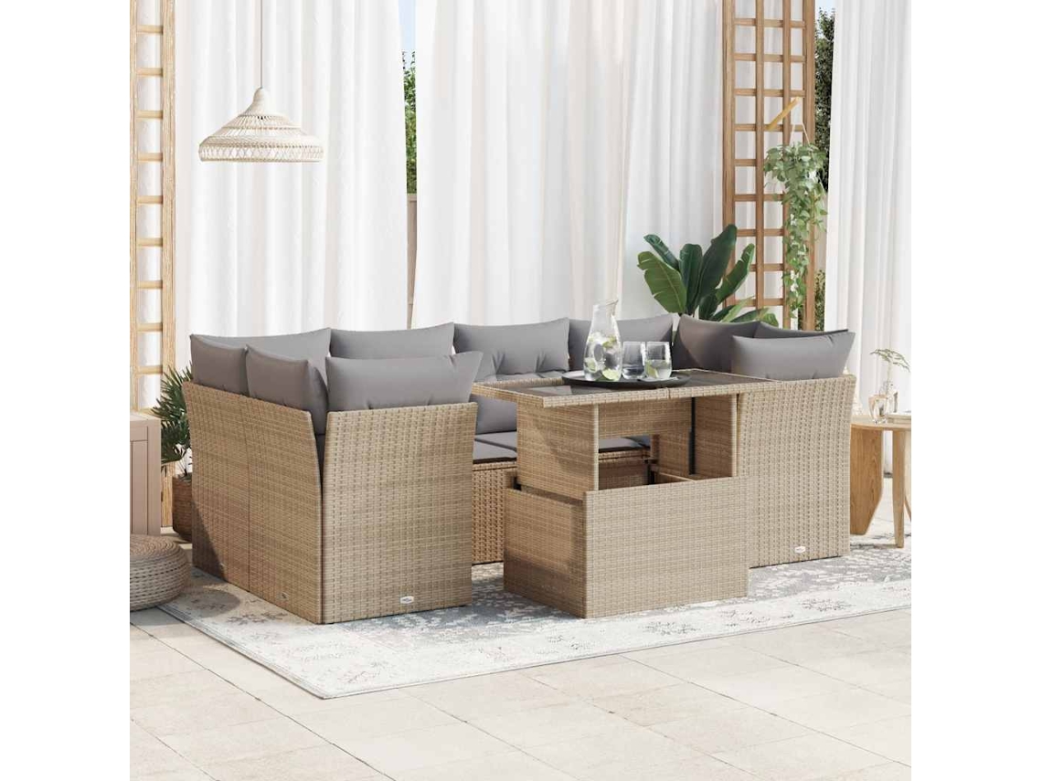 Vidaxl 7 Pcs Conjunto De Sofás P/ Jardim Com Almofadões Vime Pe Bege