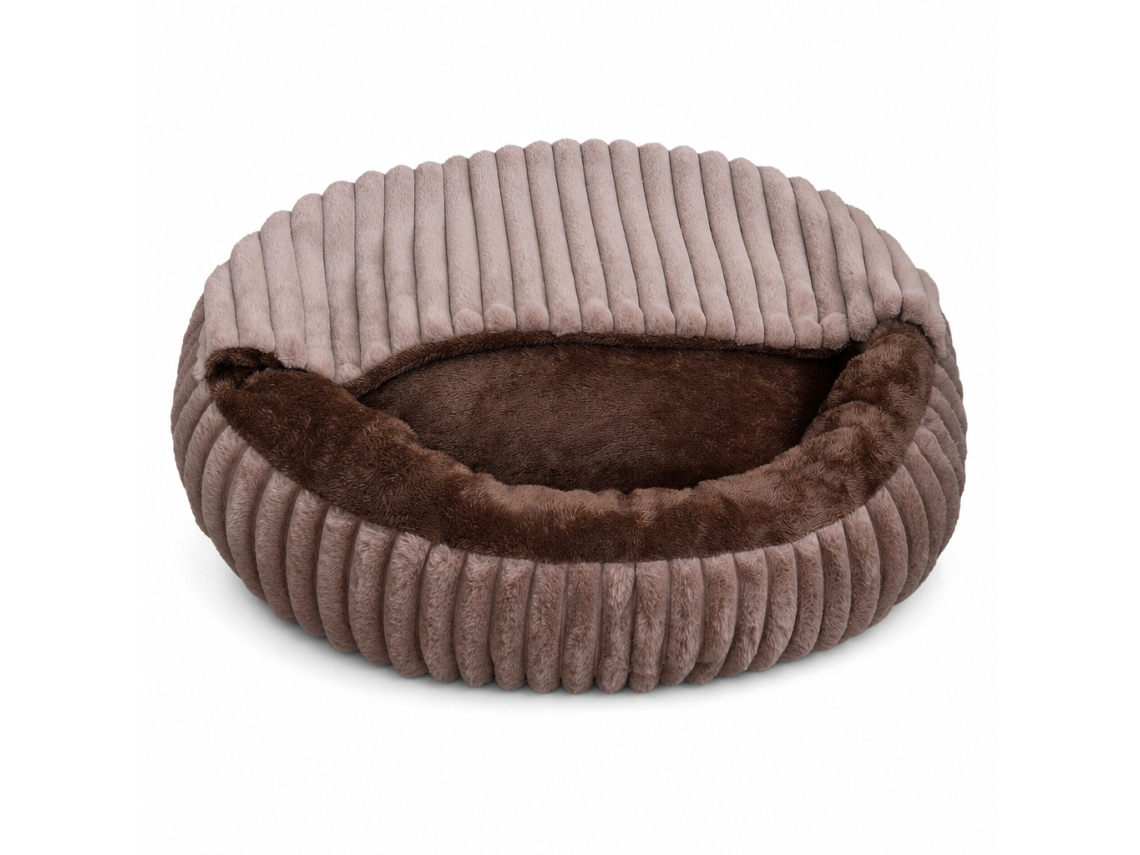 Cama Para E Bicho De Estimação Em Pelúcia Canelada Com Cobertor Integrado, Castanho-claro