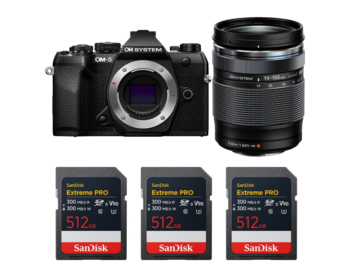 Om 5 Mark Ii Preto + 14 150mm F/4 5.6 Ii + 3 Sandisk 512gb Extreme Pro Uhs ii Sdxc + Ebook “20 Dicas para Fotos Que Impressionam” OM SYSTEM