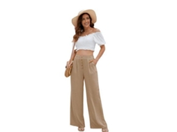2026 pantalones Anchos de Algodón Y Lino para Mujer Con Cintura Alta Y Bolsillos Verano M Caqui