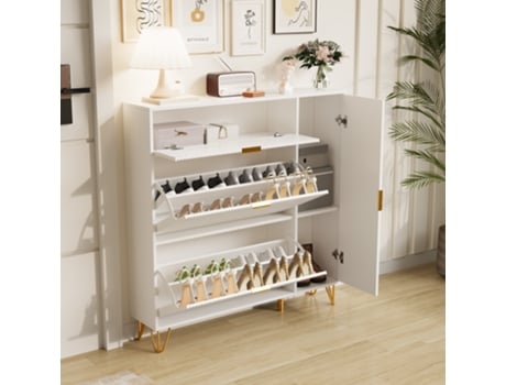 Armário De Sapatos Com 3 Portas E 2 Gavetas, Prateleira Para Entrada E Corredor, 110 X 24 X 120 Cm, Dispositivo Anti Inclinação, Branca Rosahqnda