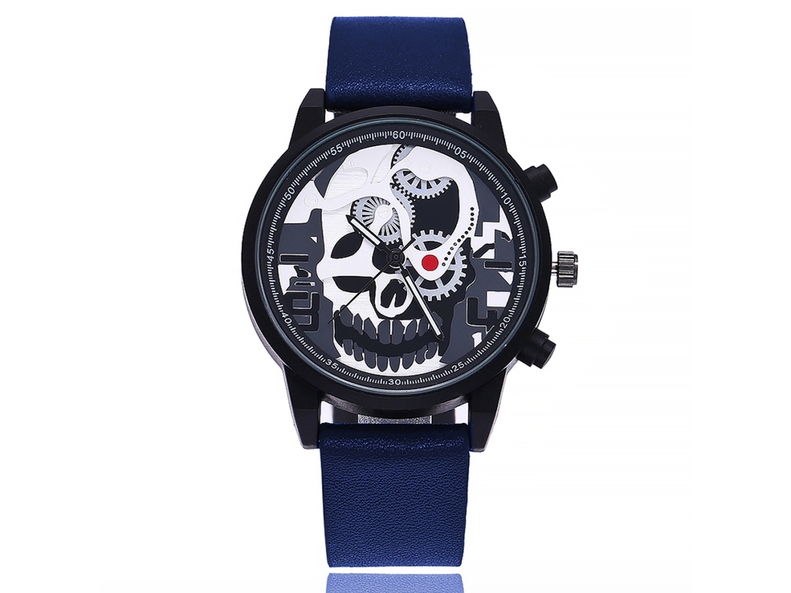 Relógio masculino Vansvar Fashion com caveira vazada e mostrador redondo, pulseira de couro PU e mecanismo de quartzo azul.