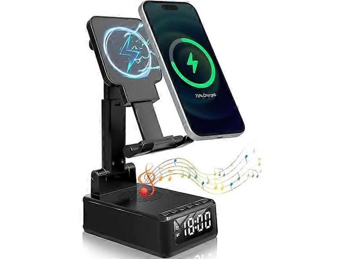Despertador Bluetooth 4 em 1 GOKOCO com Carregador Sem Fio e Suporte para Celular Dobrável