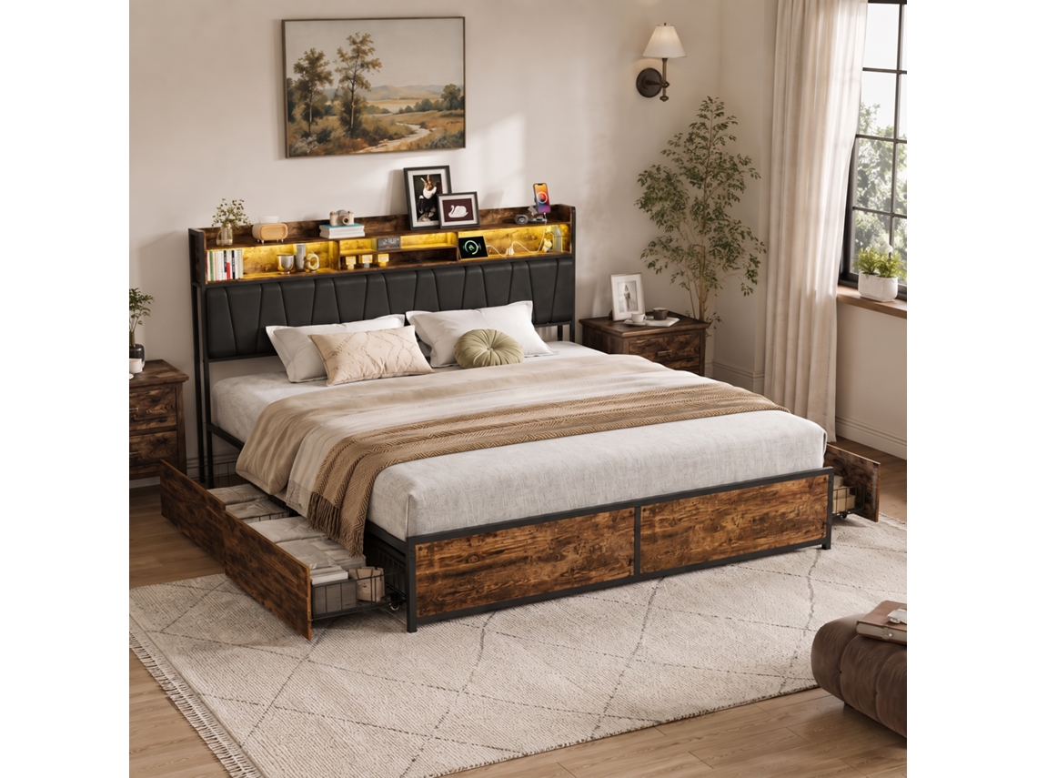Cama 180x200 Cm Com Cabeceira E Iluminação Led, 4 Gavetas Com Rodas, Estrutura De Madeira E Metal, Cama De Casal Para Quarto, Castanho