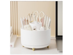 Organizador de mesa (branco), giratório 360° com 5 compartimentos, ideal para lápis, materiais de arte e organização doméstica.