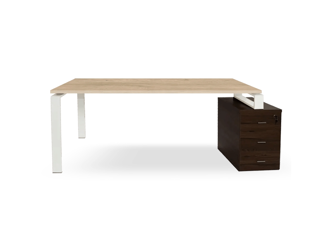 Escrivaninha Com Gavetas Em Nogueira. Estrutura Em Metal Branco. 75 X 175,5 X 80 Cm. Tampo Em Carvalho. Ofilike