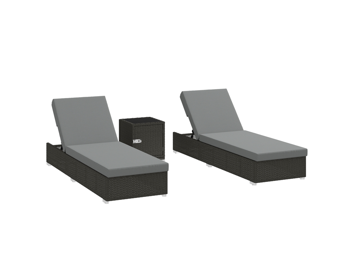 Conjunto de 2 espreguiçadeiras de jardim de vime, com mesa lateral, encosto ajustável, Cinza 184x60x22 cm | S/MARCA