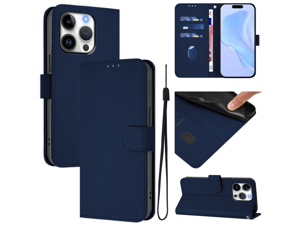 Capa De Couro Sintético Para Iphone 16 Pro - Toque Suave - Cor Sólida - Com Cordão