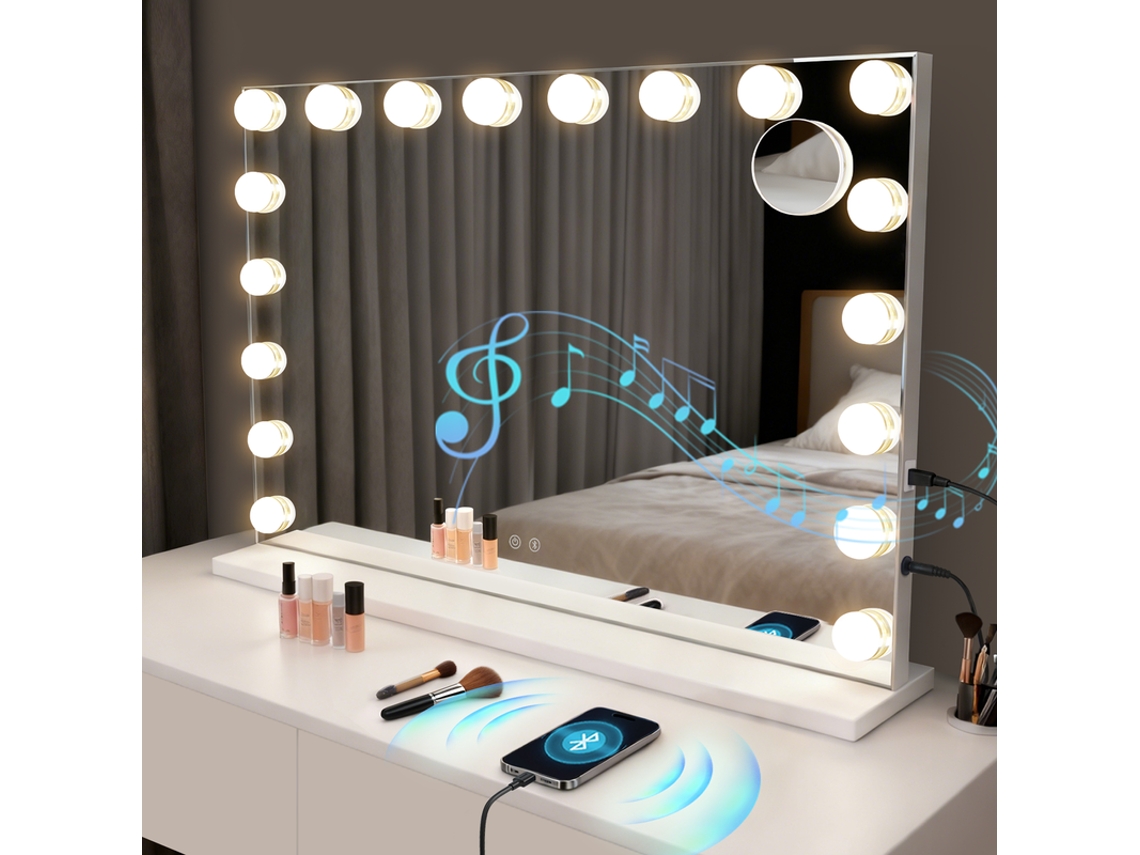Espelho de Maquilhagem Hollywood com Led e Bluetooth, 18 Leds, Espelho de Maquilhagem Grande, Luz e Música, 3 Modos, Sensível Ao Toque e NETTLIFE