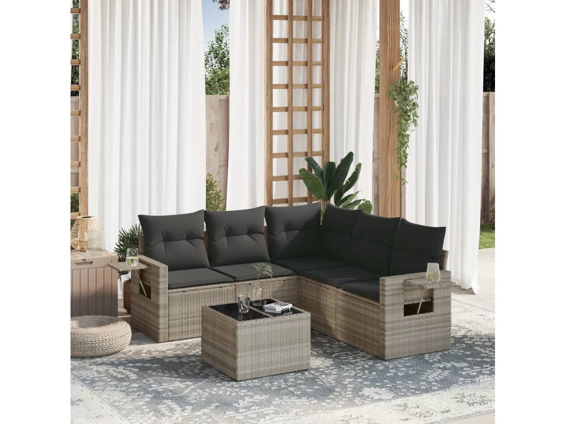 Vidaxl 6 Pcs Conj. Sofás Jardim com Almofadões Vime Pe Cinzento claro
