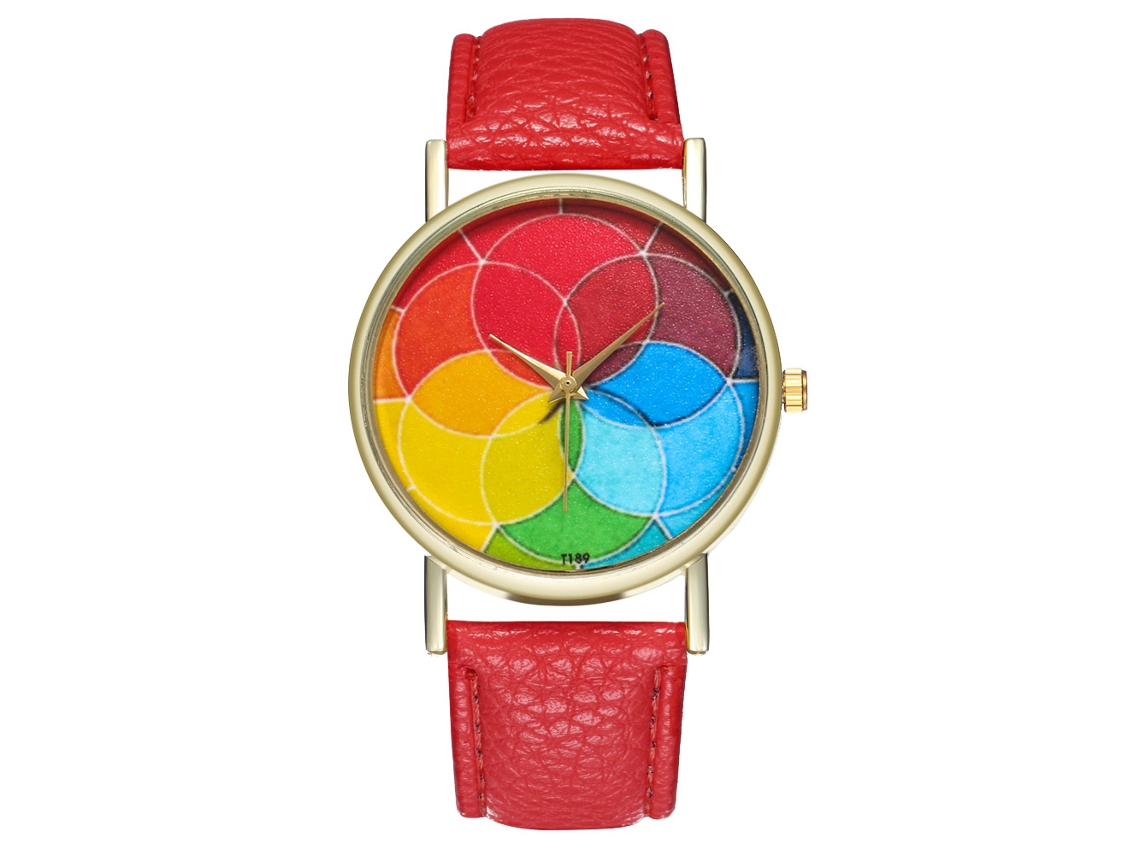 Relógio de quartzo casual e elegante para homens e mulheres com pulseira de couro vermelha.
