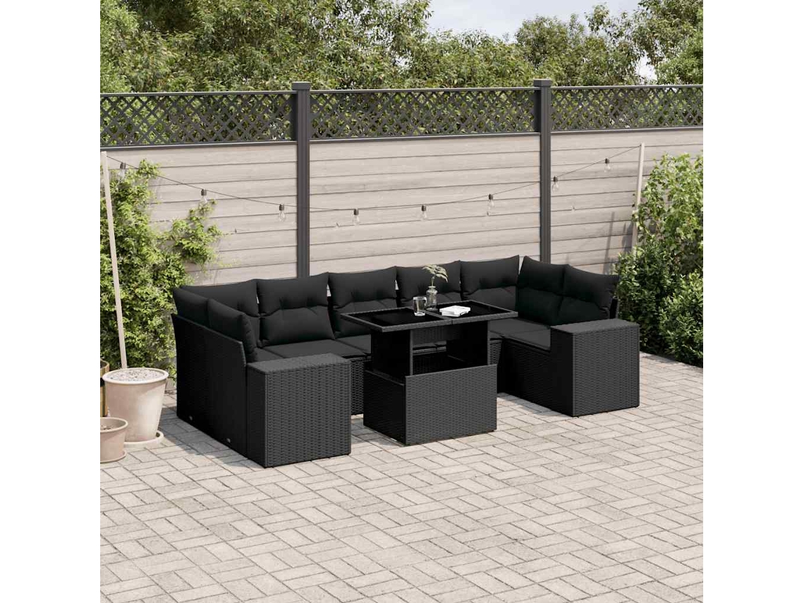 8 Pcs Conjunto Sofás De Jardim Com Almofadões Vime Pe Preto Dkd Home Decor