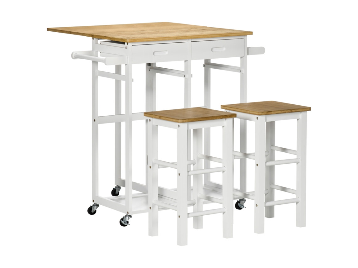 Conjunto de Mesa de Bar Dobrável com Rodízios + 2 Banquetas em Branco e Madeira Clara 2 Gavetas e Suporte para Toalhas ESSÊNCIACASA