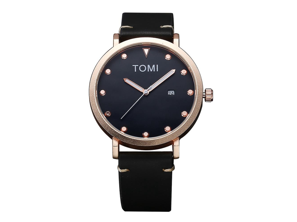 Reloj De Pulsera Hombre Tomi De Aleación Correa Pu Dial Redondo Quartzo Oro Negro