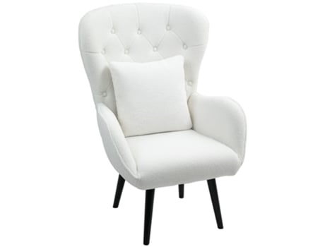 Poltrona Lounge com encosto Diamond e almofada lombar, estilo ursinho de pelúcia, pernas de madeira, Panshiyuan branco (88 x 75 x 106 cm)