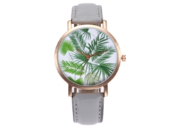 Relógio de Pulso Feminino Zhoulianfa de Quartzo com Pulseira Pu e Padrão de Folha (cinza)