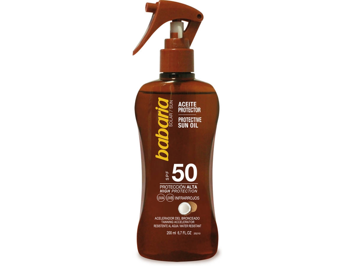 Protetor Solar BABARIA Spray Acelerador Bronzeado Óleo Seco Côco SPF 50 (200ml)