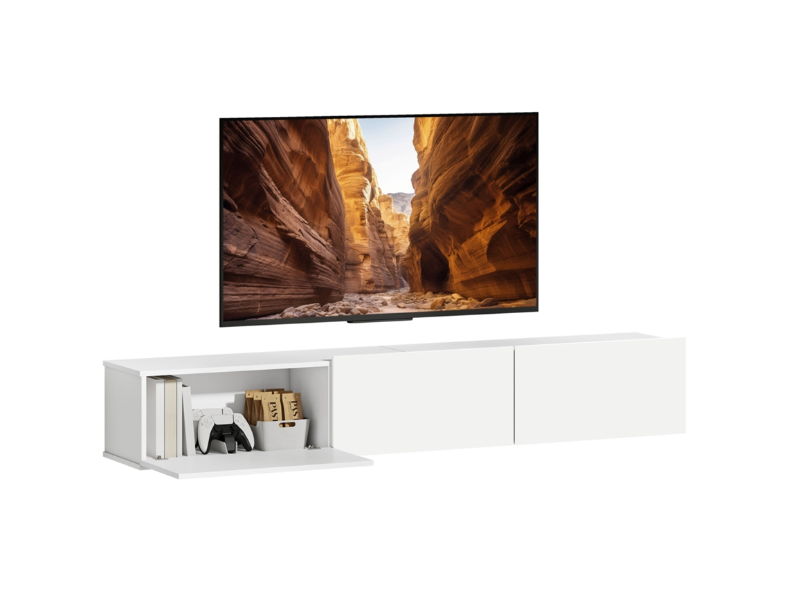 Móvel Tv Suspendu 180 Cm, Móvel Tv Pour Téléviseur Jusqu'à 82 Pouces 3 Portes Rabattables À Fermeture Douce, Branco