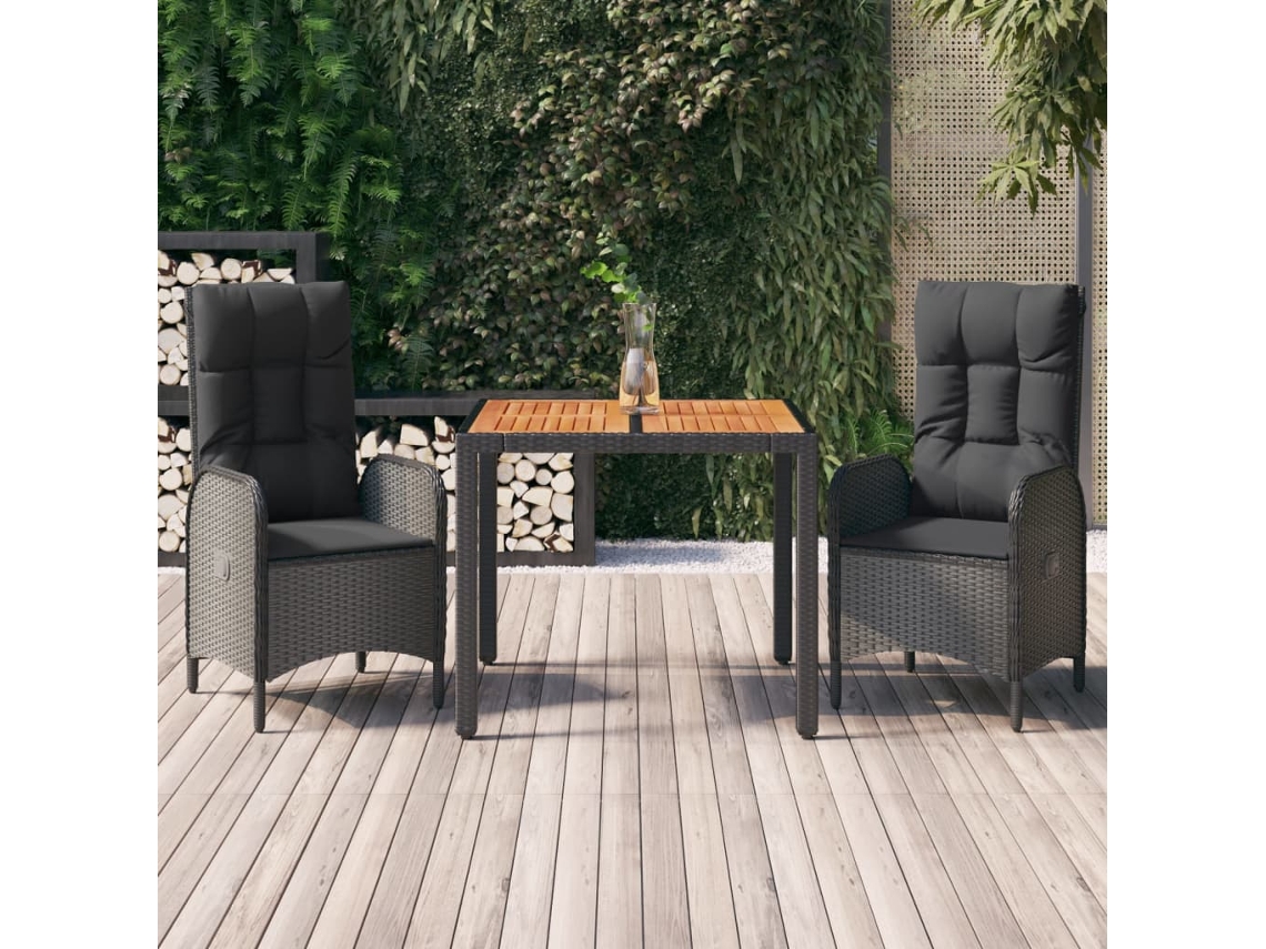 Vidaxl 3 Pcs Conjunto De Jantar P/ Jardim C/ Almofadões Vime Pe Preto