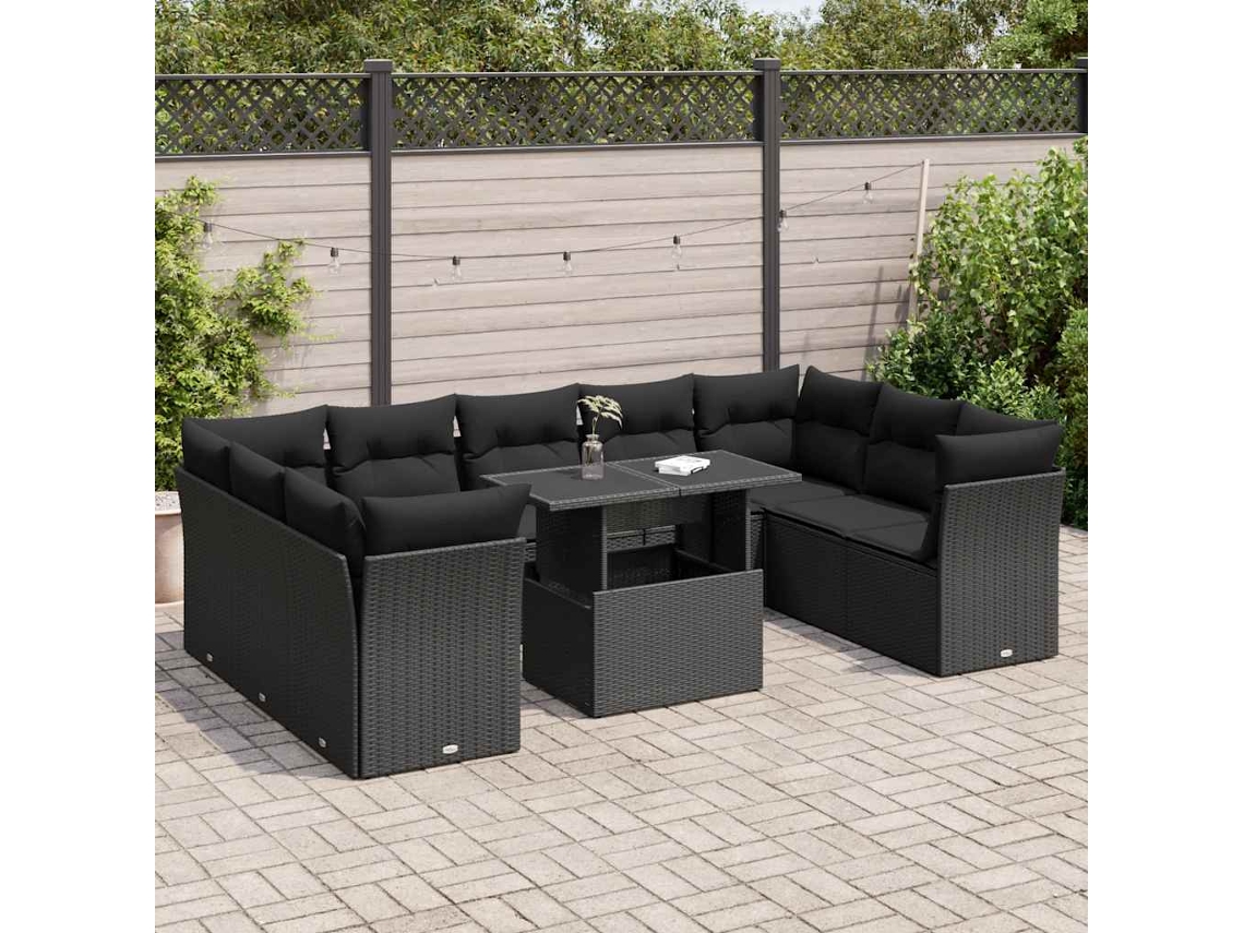 Vidaxl 10 Pcs Conjunto Sofás De Jardim C/ Almofadões Vime Pe Preto