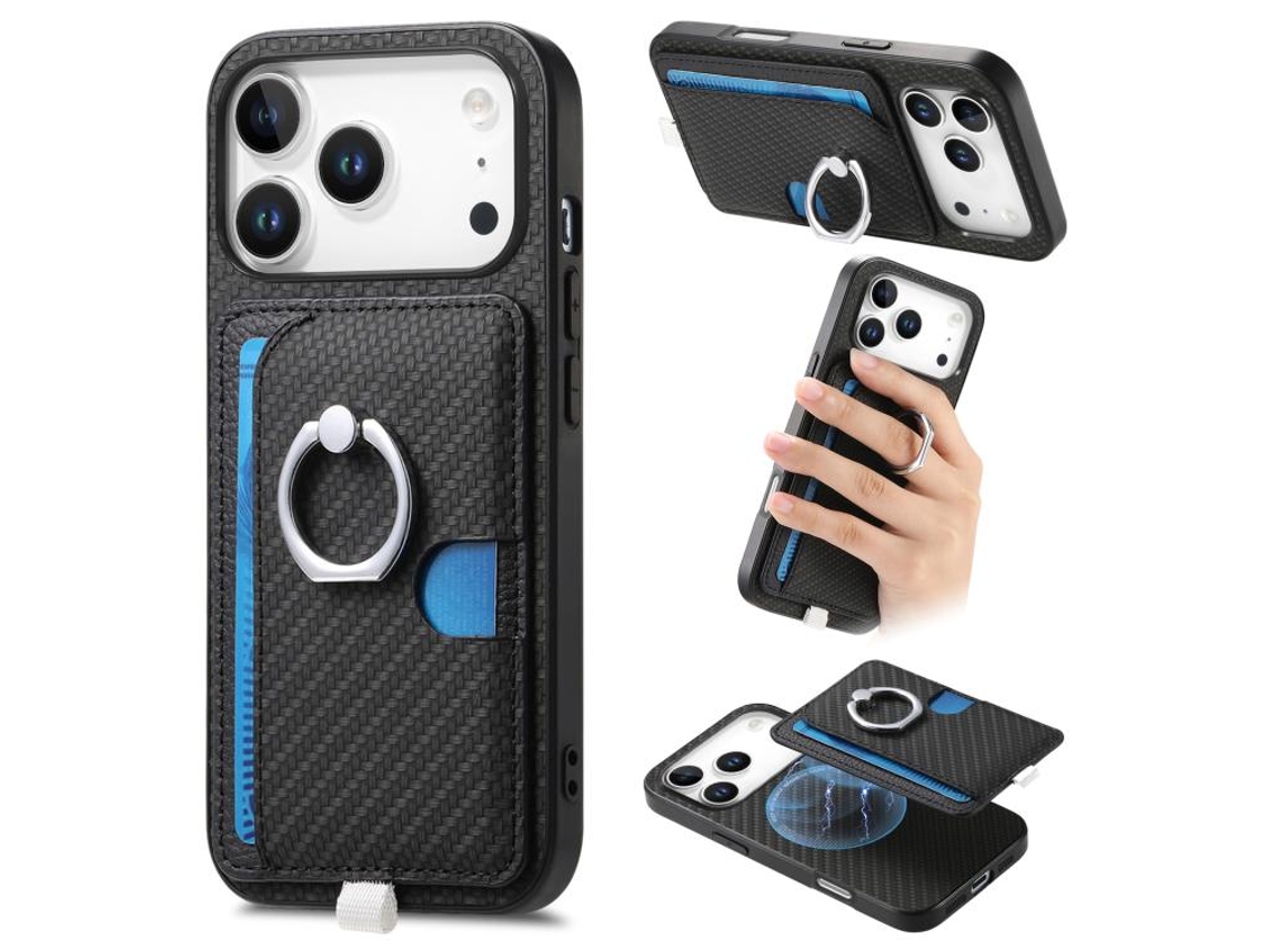 Capa Para Iphone 17 Pro Com Anel De Fibra De Carbono E Slot Para Cartão Magsafe