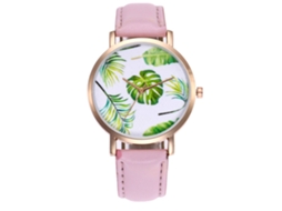 Relógio feminino moderno com mostrador redondo, mecanismo de quartzo e pulseira de couro PU, na cor rosa.