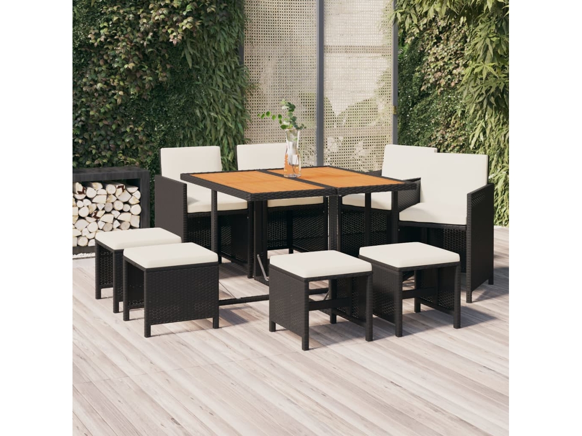 Vidaxl 9 Pcs Conjunto De Jantar P/ Jardim C/ Almofadões Vime Pe Preto