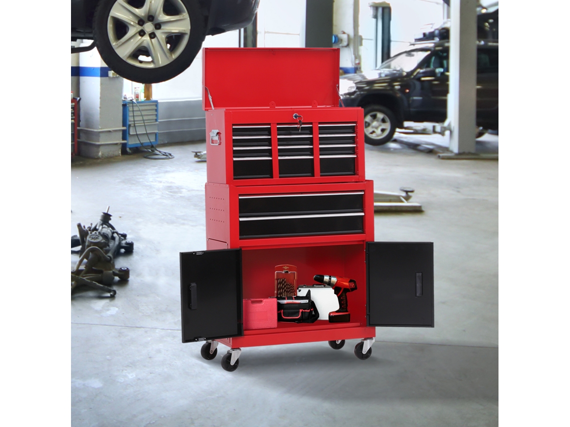 Carrinho Metálico Vermelho 2 Em 1, 61,6x33x108 Cm Com Caixa Superior E Armário Inferior Para Ferramentas