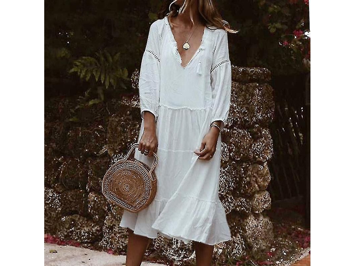 Vestido Midi de Verão para Mulher com Gola em V e Manga 3/4