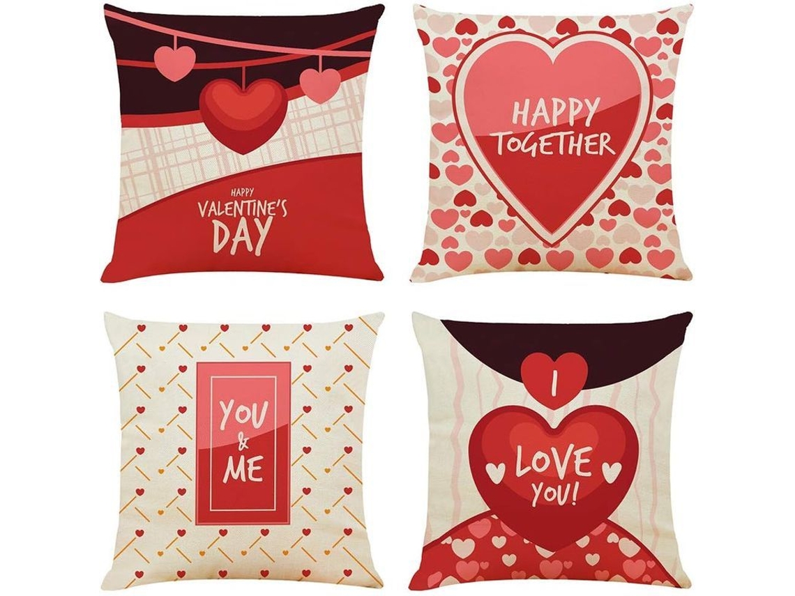 Conjunto de 4 Capas de Almofada de Linho com Coração Vermelho 18x18 Polegadas Decorativa Romântica