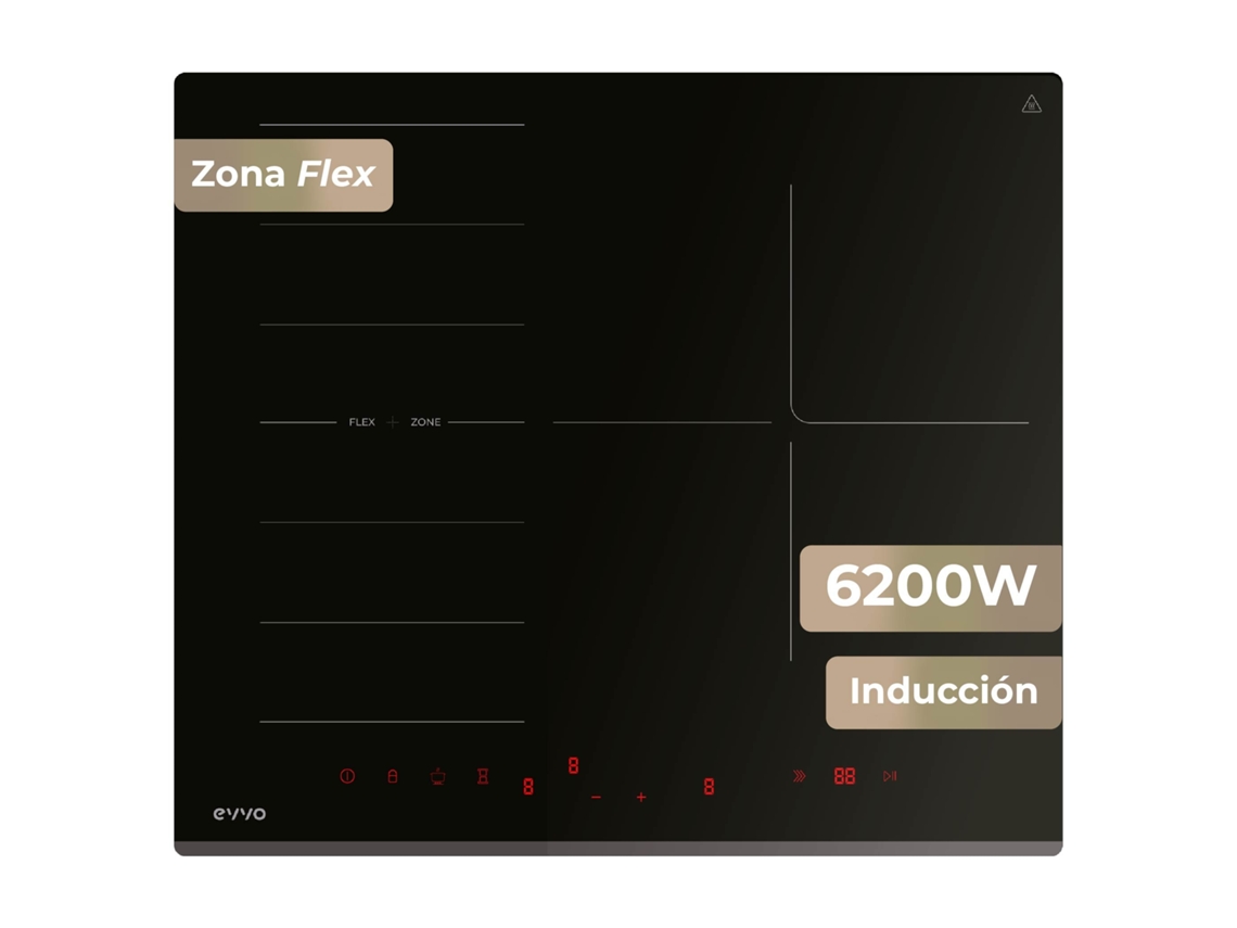 Placa de indução EVVO V62 de 4 Zonas (inclui Zona Flexível), 7200w, Booster, Controlo Tátil, Vidro Preto