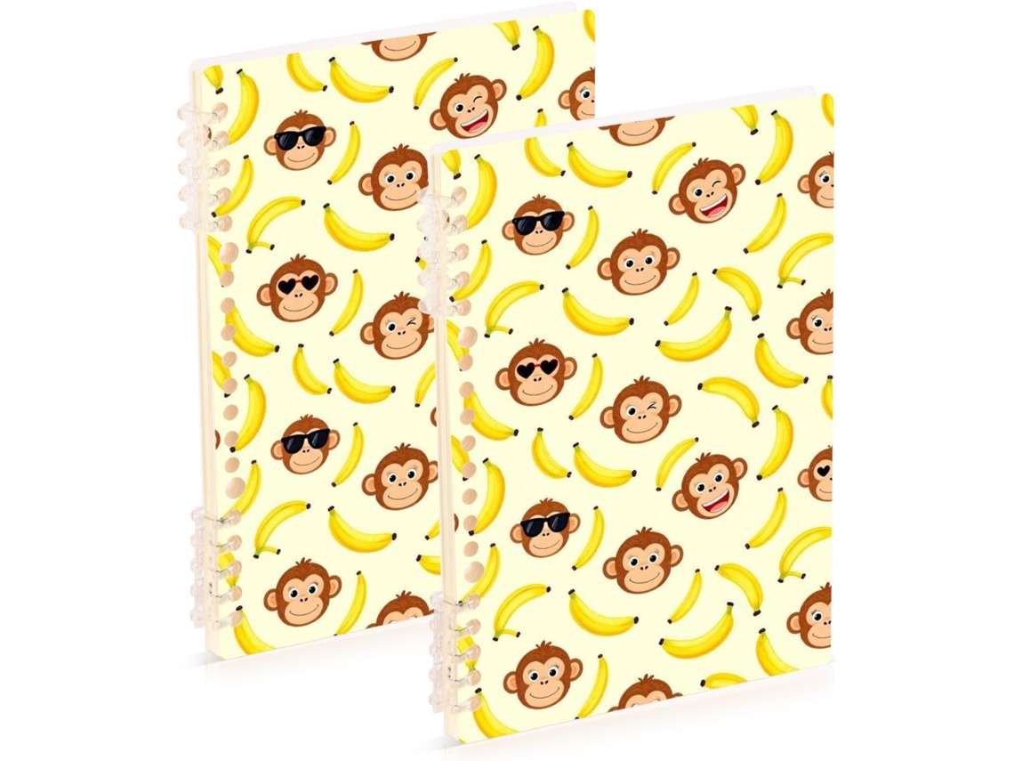 Conjunto de 2 Cadernos Espiral A5 com Capa Dura e Estampa Macaco Banana, Brancos, 21,1 X 14,5 Cm, 60 Folhas, P