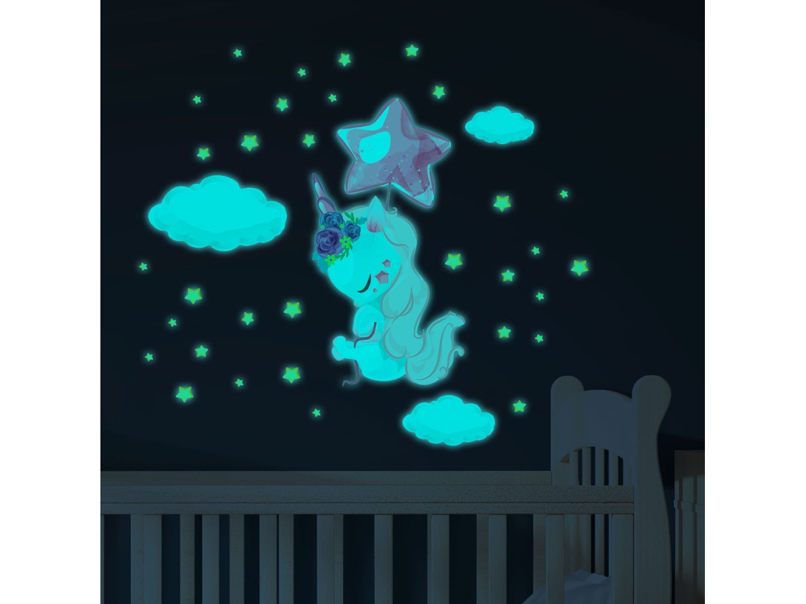 Autocolante de Parede AMBIANCE STICKER Licorne Envolé + 110 Étoiles  (40 x 30 cm)