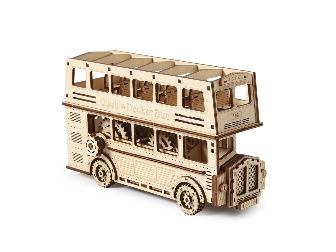 Kit De Modelo Em Madeira 3d, Representando Um Ônibus De Dois Andares Com Movimento Mecânico. 349 Peças. 28x9x17 Cm.