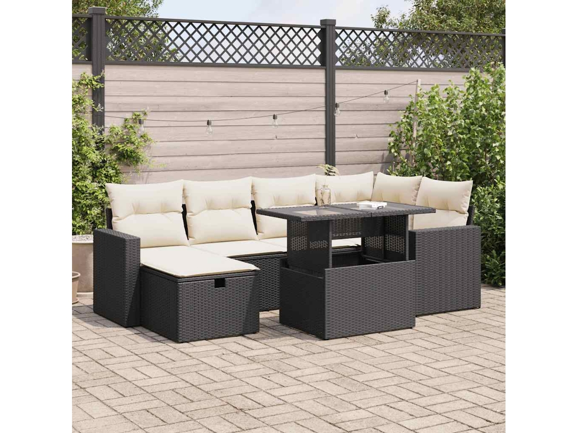 Vidaxl 7 Pcs Conjunto De Sofás P/ Jardim C/ Almofadões Vime Pe Preto