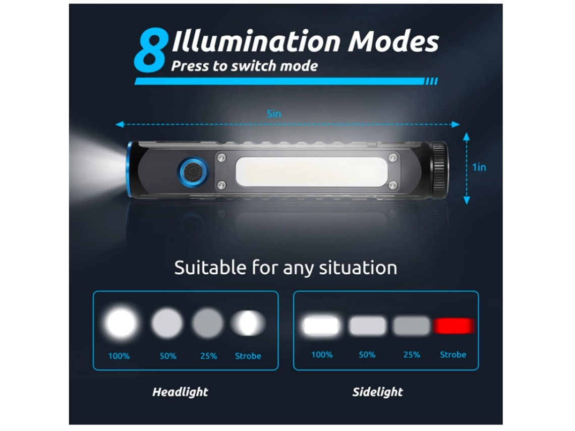 Lanterna Lanterna Led Magnética Recarregável 500lm Lanterna Tática Led Super Brilhante Com Luz Lateral Cob À Prova De Água 8 Modos Preto Yunzii