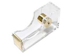 Dispensador de Fita Adesiva Mesa em Acrílico Transparente Dourado com Núcleo 1 Polegada e Cortador Fita, Idea L para Escritório Escola. GOKOCO