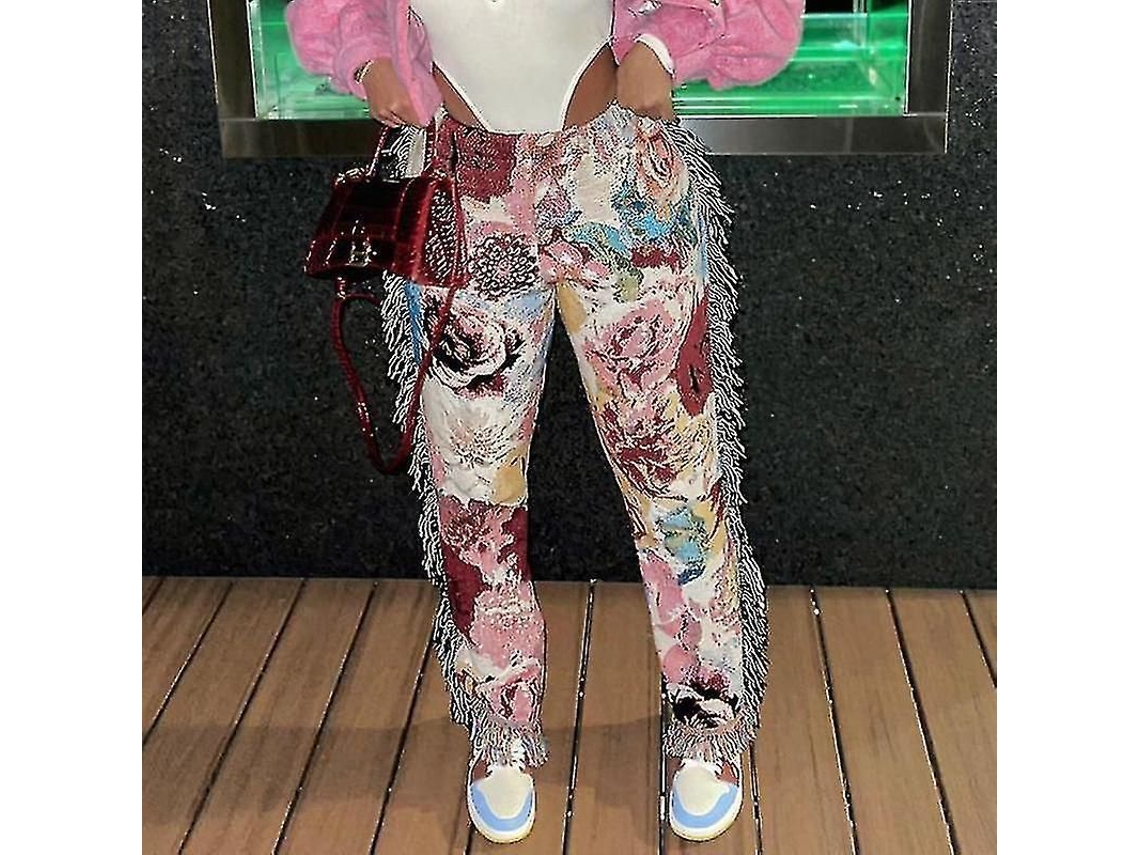 Calças De Tiras Florais Com Franja Estilo Streetwear Chic, Verão, Regular, Comprimento Total, Mulheres Rosa