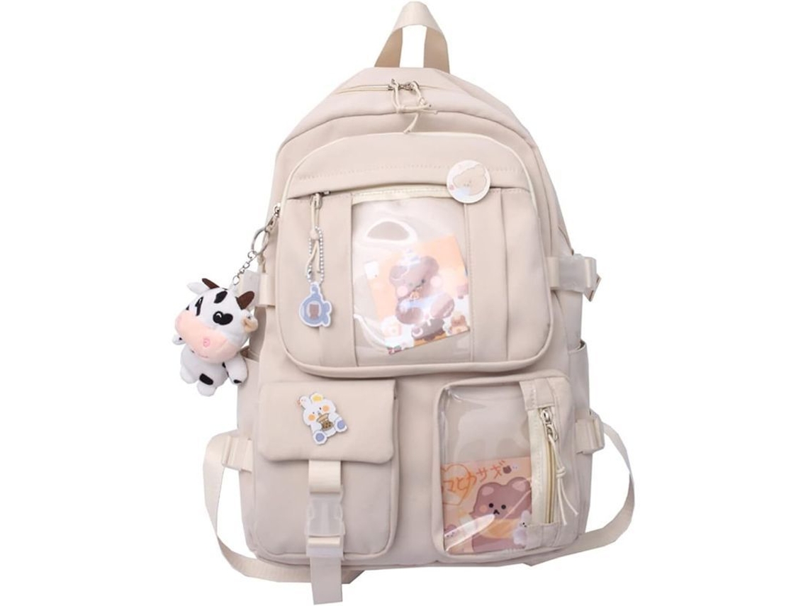 2026 mochila Escolar com Pin's Estético Cute para Meninas Bege Acessórios Incluídos