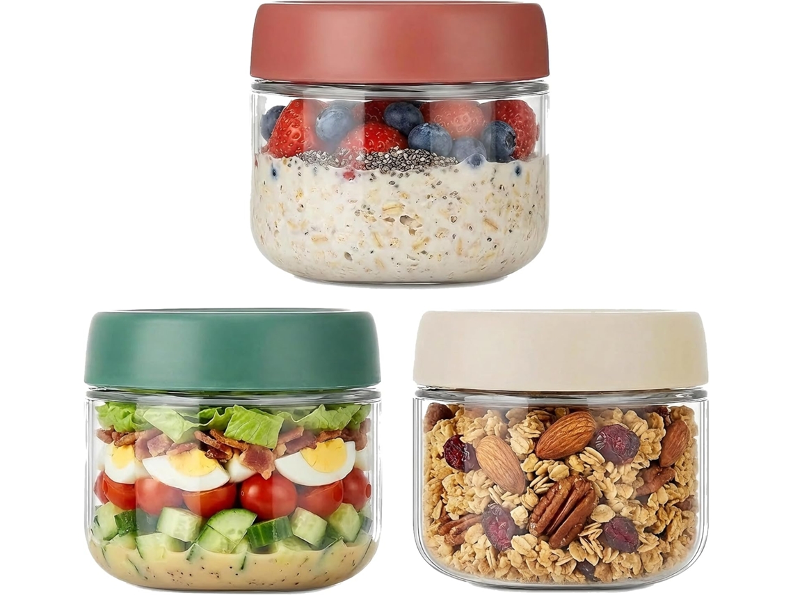 Conjunto 3 Frascos De Vidro Para Overnight Oats - Recipientes Com Tampa - Potes De Armazenamento - 283 G - Para Saladas E Snacks - Multicolor