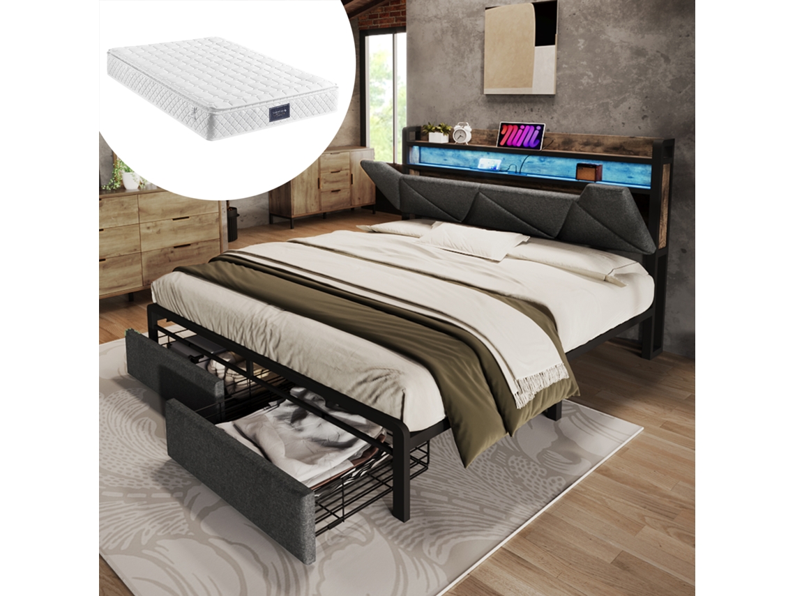Cama Casal Cinza 140x200cm Estofada, Usb, Led, 4 Gavetas (c/ Colchão).-op