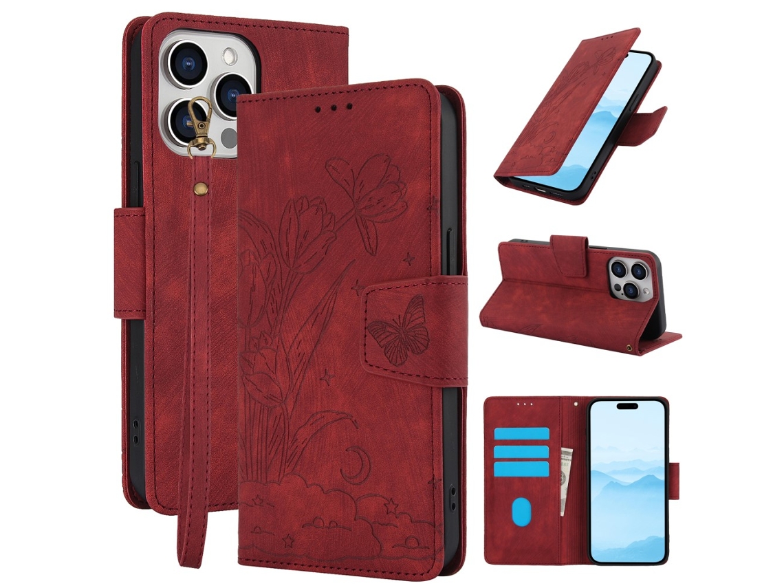 Capa Em Couro Pu, Padrão De Flor E Borboleta Para Apple Iphone 16 Pro Max - Vermelho
