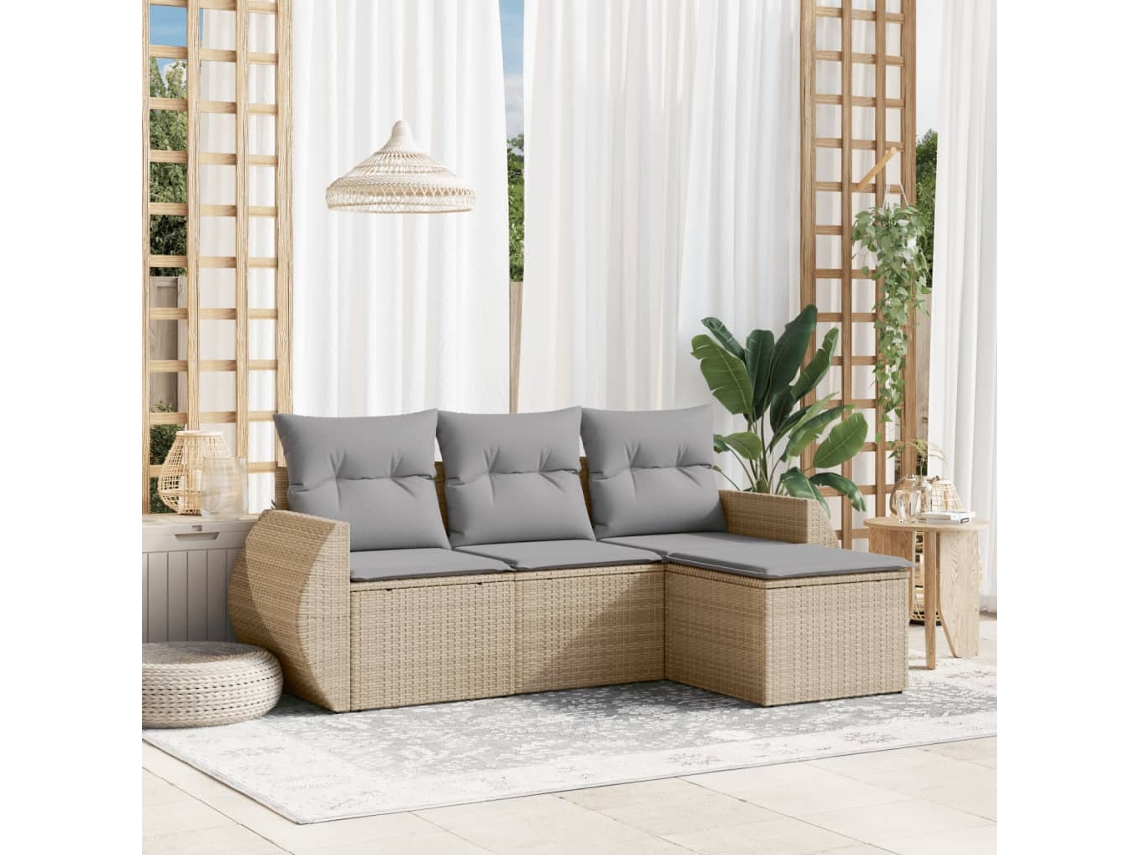 Vidaxl 4 Pcs Conjunto De Sofás Para Jardim C/ Almofadões Vime Pe Bege