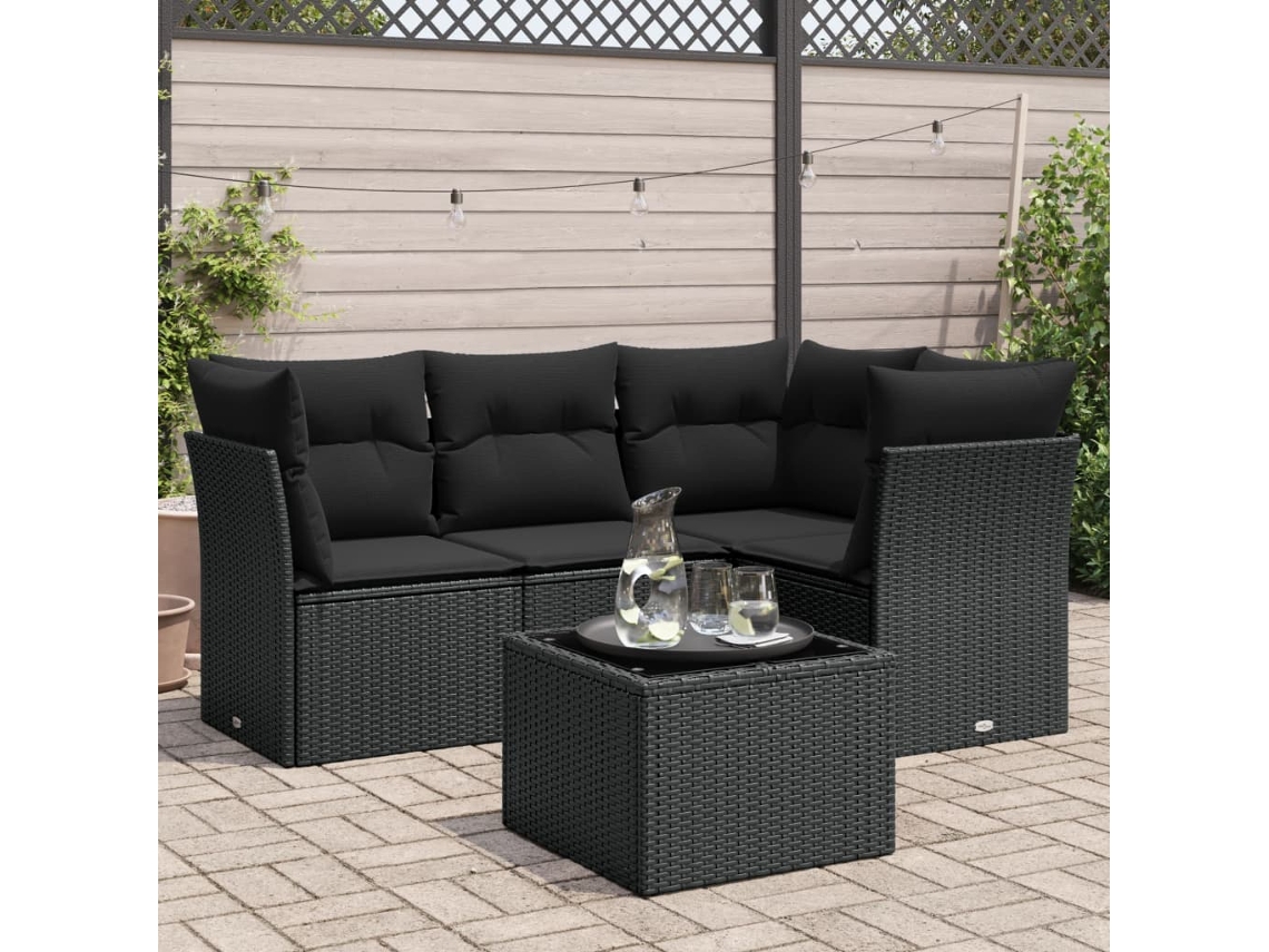 Vidaxl 5 Pcs Conjunto Sofás De Jardim Com Almofadões Vime Pe Preto