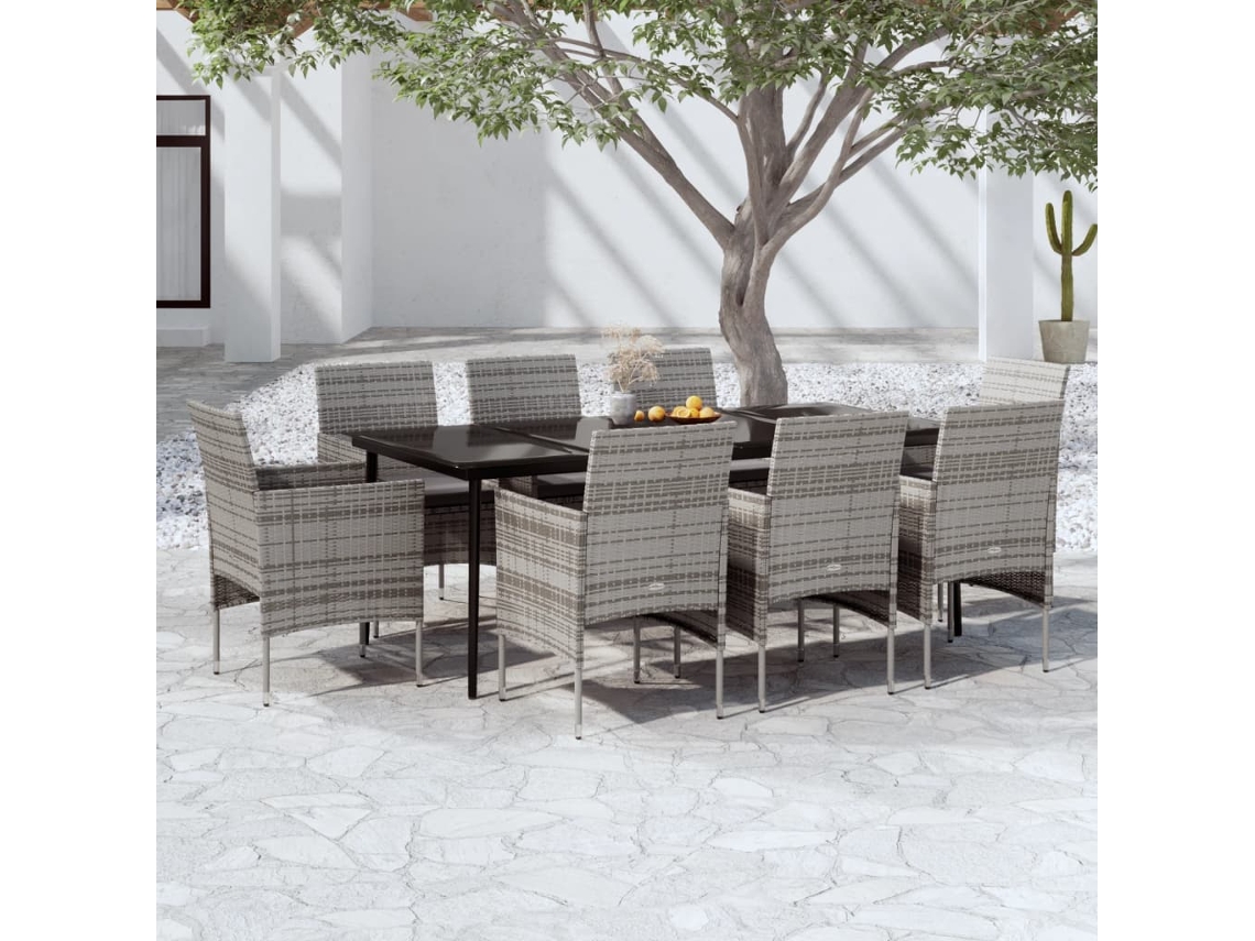 Vidaxl 9 Pcs Conjunto De Jantar Para Jardim C/ Almofadões Cinza/preto