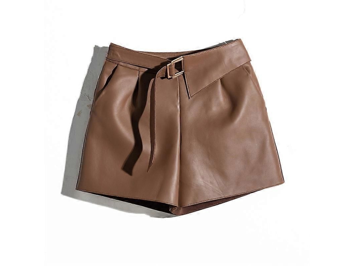 Shorts De Couro De Ovelha Genuíno Alto Costura Feminino Preto Com Bolso Lateral E Cinto Brown